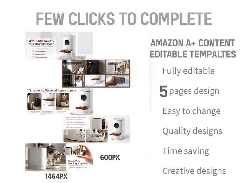 Peut inclure: Un distributeur de nourriture pour animaux de compagnie blanc et beige avec le texte "SMARTER FEEDING FOR HAPPIER CATS" et "10L capacity fits on all types of pets." L'image comprend &eacute;galement le texte "AMAZON A+ CONTENT EDITABLE TEMPALTES" et "5 pages design."