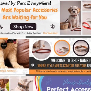 Puede incluir: Anuncio de accesorios para mascotas. La imagen presenta un perro con collar, junto con varios collares, correas y cuencos. El texto incluye "Loved by Pets Everywhere!" y "Shop Now."
