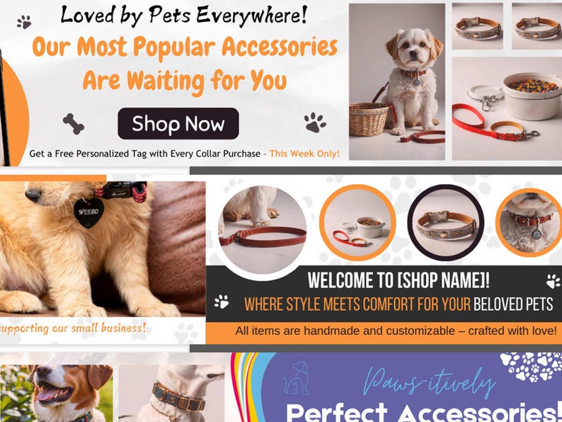 Puede incluir: Anuncio de accesorios para mascotas. La imagen presenta un perro con collar, junto con varios collares, correas y cuencos. El texto incluye "Loved by Pets Everywhere!" y "Shop Now."