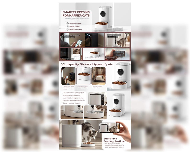 Ready to use amazon ready canva A+ content template for amazon Automatic Cat Feeder sellers. time saving and easy to change on canva. high quality fully editable A+ content template for amazon sellers