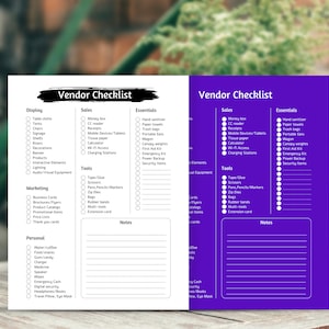 May include: Two vendor checklists on white and purple paper. The checklists are divided into sections for display, sales, tools, essentials, marketing, and personal. Each section has a list of items to check off.