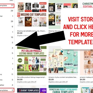 May include: A digital product listing template image with the text "VISIT STORE AND CLICK HERE FOR MORE TEMPLATES". The image showcases various templates, including pet collar, missing cat, and event flyers.