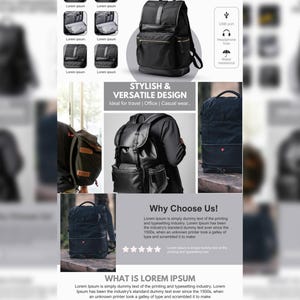 K&ouml;nnte beinhalten: Ein schwarzer Lederrucksack mit mehreren Taschen und einem Rei&szlig;verschluss. Der Rucksack hat einen USB-Anschluss, ein Kopfh&ouml;rerloch und einen wasserdichten Rei&szlig;verschluss. Der Text "Stylish & Versatile Design" wird &uuml;ber dem Rucksack angezeigt. Der Text "Ideal f&uuml;r Reisen | B&uuml;ro | Freizeitkleidung..." wird unter dem Rucksack angezeigt.
