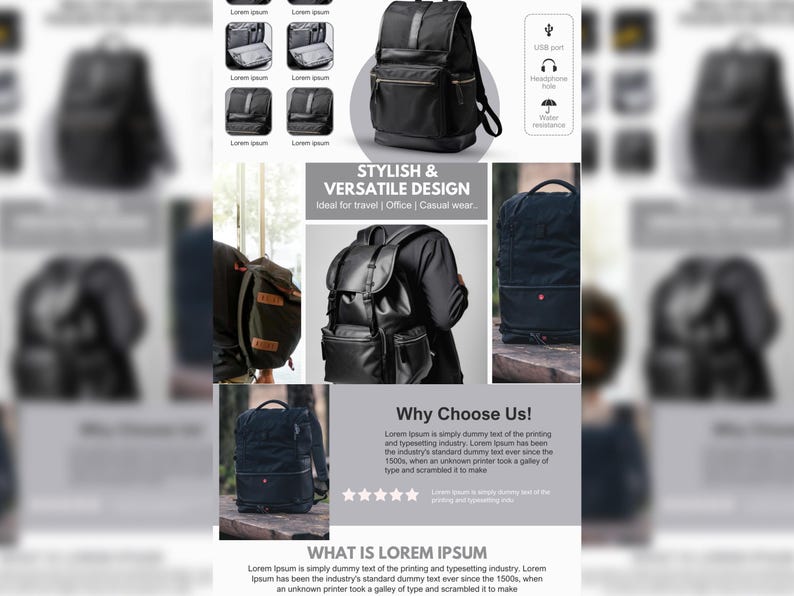 K&ouml;nnte beinhalten: Ein schwarzer Lederrucksack mit mehreren Taschen und einem Rei&szlig;verschluss. Der Rucksack hat einen USB-Anschluss, ein Kopfh&ouml;rerloch und einen wasserdichten Rei&szlig;verschluss. Der Text "Stylish & Versatile Design" wird &uuml;ber dem Rucksack angezeigt. Der Text "Ideal f&uuml;r Reisen | B&uuml;ro | Freizeitkleidung..." wird unter dem Rucksack angezeigt.