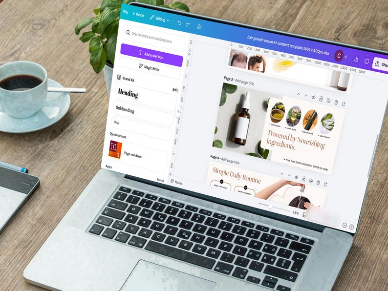 Puede incluir: Un port&aacute;til que muestra una plantilla de dise&ntilde;o para un s&eacute;rum para el crecimiento del cabello. La pantalla muestra una interfaz de dise&ntilde;o con texto e im&aacute;genes, incluyendo una botella de producto y las palabras "Powered by Nourishing Ingredients". Una taza de caf&eacute; y una planta est&aacute;n en el escritorio de madera.