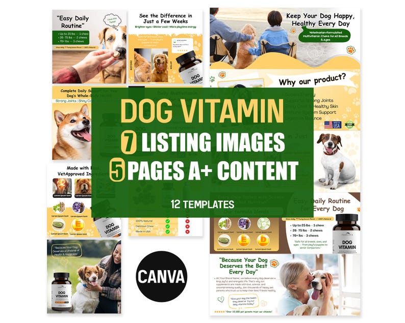 Product listing images and A+ content template for dog vitamin products. time saving and fully editable canva templates.