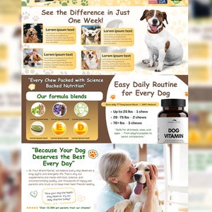 May include: An advertisement for dog vitamins. The ad features a dog, a bottle of vitamins, and text that reads "See the Difference in Just One Week!" and "Easy Daily Routine for Every Dog."