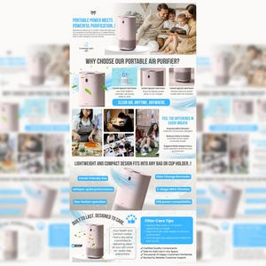 Op de afbeelding: Promotieafbeelding voor een draagbare luchtreiniger. De afbeelding toont een lichtroze en grijze luchtreiniger met de tekst "Portable Power Meets Powerful Purification". Extra tekst benadrukt functies zoals HEPA-filtratie en compact ontwerp.