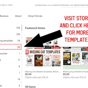 Op de afbeelding: Een screenshot van een Etsy-winkelpagina met een verzameling van printbare posters voor vermiste huisdieren. De posters zijn ontworpen in verschillende stijlen en kleuren en tonen zowel katten als honden. De tekst op de pagina luidt "Bezoek de winkel en klik hier voor meer sjablonen".