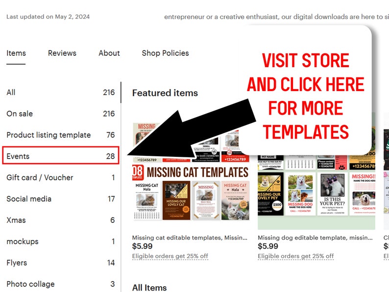 Op de afbeelding: Een screenshot van een Etsy-winkelpagina met een verzameling van printbare posters voor vermiste huisdieren. De posters zijn ontworpen in verschillende stijlen en kleuren en tonen zowel katten als honden. De tekst op de pagina luidt "Bezoek de winkel en klik hier voor meer sjablonen".