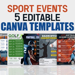 Puede incluir: Cinco carteles coloridos con diferentes temas deportivos. Los carteles se titulan "Campeonato de la ciudad 2027", "Evento de golf del club 2026", "Evento de fútbol del campeonato de la ciudad", "Campeonato de bádminton 2027" y "Calendario de la liga de sóftbol de la ciudad 2027".
