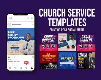 May include: A collection of colorful social media templates for church services. The templates feature images of people, text, and graphics. The text includes phrases like "Bible Study Programme", "Choir Concert", "Women of Faith", "Prayers Line", and "Family Sunday Service".