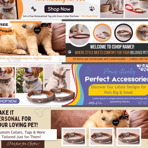 Puede incluir: Imagen promocional de accesorios para mascotas, con collares, etiquetas y correas para perros. La imagen incluye texto como "Shop Now", "Free Shipping" y "Perfect Accessories!". Los collares son marrones con dise&ntilde;os decorativos.