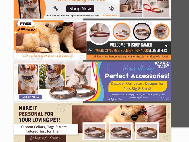 Puede incluir: Imagen promocional de accesorios para mascotas, con collares, etiquetas y correas para perros. La imagen incluye texto como "Shop Now", "Free Shipping" y "Perfect Accessories!". Los collares son marrones con dise&ntilde;os decorativos.