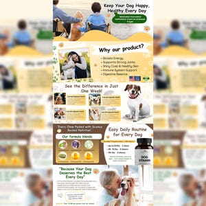 May include: An advertisement for dog vitamins. The ad features images of dogs, people with dogs, and product information. Text includes "Keep Your Dog Happy, Healthy Every Day" and "Dog Vitamin". The ad highlights benefits like energy and healthy skin.
