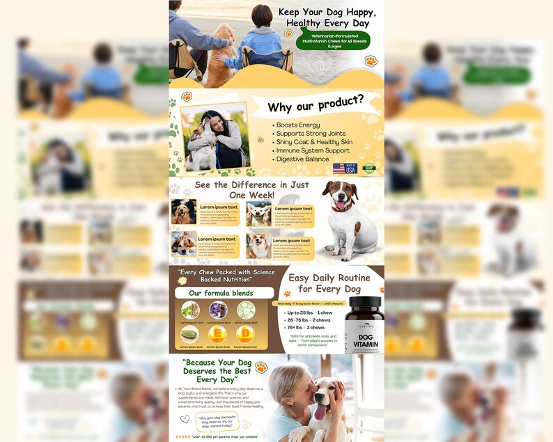 May include: An advertisement for dog vitamins. The ad features images of dogs, people with dogs, and product information. Text includes "Keep Your Dog Happy, Healthy Every Day" and "Dog Vitamin". The ad highlights benefits like energy and healthy skin.