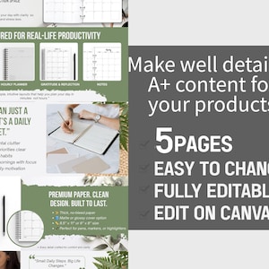 Puede incluir: Anuncio de una agenda con un cuaderno blanco con espiral, bol&iacute;grafo y dise&ntilde;os de calendario. El texto destaca caracter&iacute;sticas como reinicios diarios, productividad estructurada y papel de primera calidad. La imagen tambi&eacute;n incluye el texto "Make well detailed A+ content for your products."