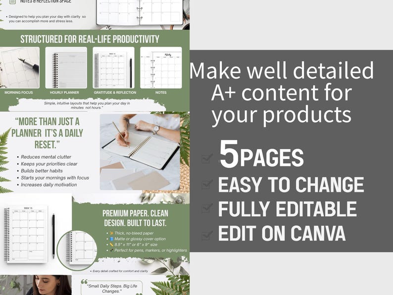 Puede incluir: Anuncio de una agenda con un cuaderno blanco con espiral, bol&iacute;grafo y dise&ntilde;os de calendario. El texto destaca caracter&iacute;sticas como reinicios diarios, productividad estructurada y papel de primera calidad. La imagen tambi&eacute;n incluye el texto "Make well detailed A+ content for your products."