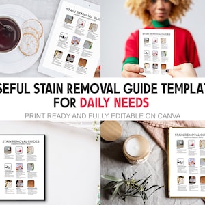 May include: A printable stain removal guide template with a white background and black text. The guide includes a list of common stains and how to remove them. The text "STAIN REMOVAL GUIDES" is at the top of the page. The text "USEFUL STAIN REMOVAL GUIDE TEMPLATE FOR DAILY NEEDS" is in red and white text on a black background. The text "PRINT READY AND FULLY EDITABLE ON CANVA" is in white text on a black background.