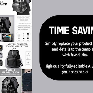 K&ouml;nnte beinhalten: Ein schwarzer Unisex-Rucksack mit mehreren Taschen und einem USB-Ladeanschluss. Der Rucksack hat ein gepolstertes Laptopfach, verstellbare Schultergurte und wasserabweisendes Material. Der Text "ERGONOMIC DESIGN" ist auf dem Bild zu sehen. Der Text "MULTIPLE ORGANIZED POCKETS WITH OPTIONS..." ist auf dem Bild zu sehen. Der Text "STYLISH & VERSATILE DESIGN" ist auf dem Bild zu sehen.