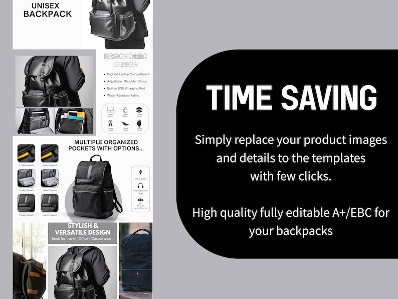 K&ouml;nnte beinhalten: Ein schwarzer Unisex-Rucksack mit mehreren Taschen und einem USB-Ladeanschluss. Der Rucksack hat ein gepolstertes Laptopfach, verstellbare Schultergurte und wasserabweisendes Material. Der Text "ERGONOMIC DESIGN" ist auf dem Bild zu sehen. Der Text "MULTIPLE ORGANIZED POCKETS WITH OPTIONS..." ist auf dem Bild zu sehen. Der Text "STYLISH & VERSATILE DESIGN" ist auf dem Bild zu sehen.