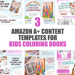 Puede incluir: Un anuncio de libros para colorear para niños. La imagen presenta varias portadas de libros con ilustraciones coloridas, junto con texto que promueve la creatividad y la diversión. El texto incluye "Amazon A+ Content Templates for Kids Coloring Books."