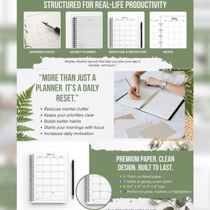 Puede incluir: Un planificador blanco con espiral y un bol&iacute;grafo negro, con secciones para planificaci&oacute;n horaria, gratitud y notas. El planificador mide 21,6 cm x 27,9 cm o 15,2 cm x 22,9 cm y tiene una cubierta mate o brillante. Texto: "M&aacute;s que un planificador, es un reinicio diario."