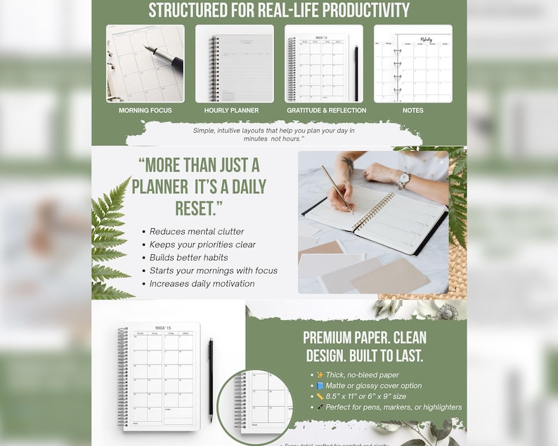 Puede incluir: Un planificador blanco con espiral y un bol&iacute;grafo negro, con secciones para planificaci&oacute;n horaria, gratitud y notas. El planificador mide 21,6 cm x 27,9 cm o 15,2 cm x 22,9 cm y tiene una cubierta mate o brillante. Texto: "M&aacute;s que un planificador, es un reinicio diario."