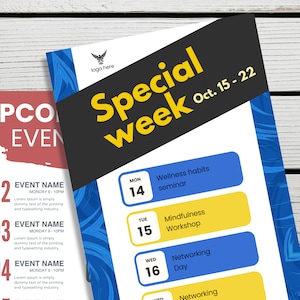 Op de afbeelding: Een flyer voor een speciale week met evenementen, met een abstract ontwerp in blauw en geel. De flyer vermeldt dagelijkse evenementen van maandag 14 oktober tot en met vrijdag 16 oktober, waaronder een seminar over welzijnsgewoonten, een mindfulness-workshop en een netwerkdag.