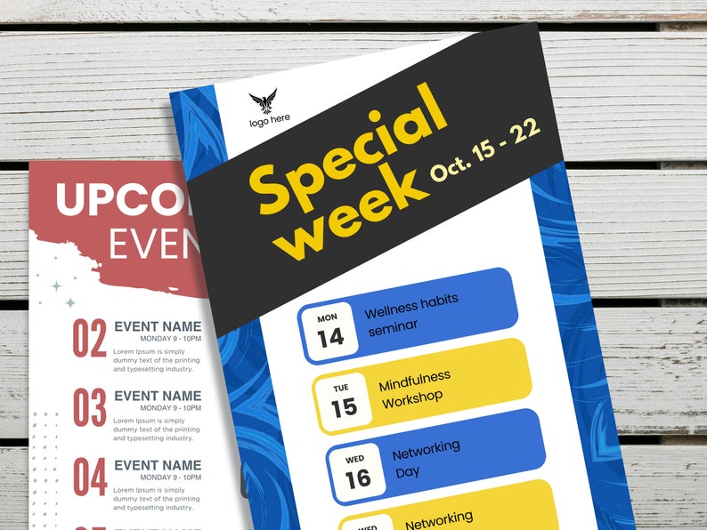 Op de afbeelding: Een flyer voor een speciale week met evenementen, met een abstract ontwerp in blauw en geel. De flyer vermeldt dagelijkse evenementen van maandag 14 oktober tot en met vrijdag 16 oktober, waaronder een seminar over welzijnsgewoonten, een mindfulness-workshop en een netwerkdag.