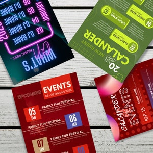 Op de afbeelding: Vier verschillende ontwerpen voor evenementenkalenders met rode, groene en blauwe kleurschema's. De kalenders bevatten data, namen van evenementen en verschillende grafische elementen.