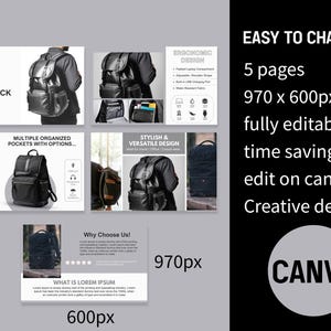 K&ouml;nnte beinhalten: Ein Satz von f&uuml;nf Canva-Vorlagen zur Bewerbung eines Unisex-Rucksacks. Die Vorlagen zeigen einen schwarzen Lederrucksack mit mehreren Taschen und einem stilvollen Design. Die Vorlagen sind vollst&auml;ndig editierbar und k&ouml;nnen verwendet werden, um Marketingmaterialien f&uuml;r Ihr Unternehmen zu erstellen.