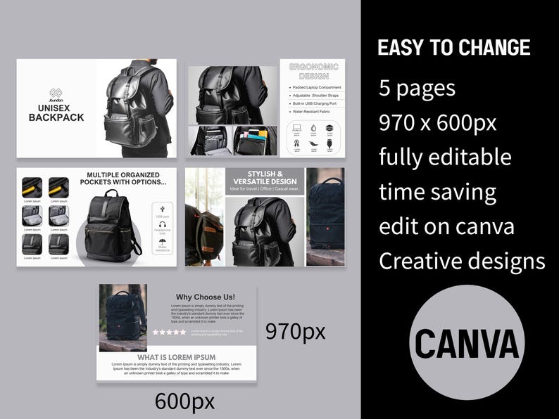 K&ouml;nnte beinhalten: Ein Satz von f&uuml;nf Canva-Vorlagen zur Bewerbung eines Unisex-Rucksacks. Die Vorlagen zeigen einen schwarzen Lederrucksack mit mehreren Taschen und einem stilvollen Design. Die Vorlagen sind vollst&auml;ndig editierbar und k&ouml;nnen verwendet werden, um Marketingmaterialien f&uuml;r Ihr Unternehmen zu erstellen.