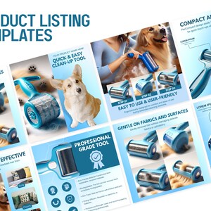 May include: A blue and white pet hair remover tool with a roller. The tool is compact and portable, making it easy to use on fabrics and surfaces. The product is advertised as being gentle on fabrics and effective at removing pet hair. The text on the image reads "Quick & Easy Clean-Up Tool", "Compact and Portable", "Easy to Use & User-Friendly", "Gentle on Fabrics and Surfaces", and "Professional Grade Tool".