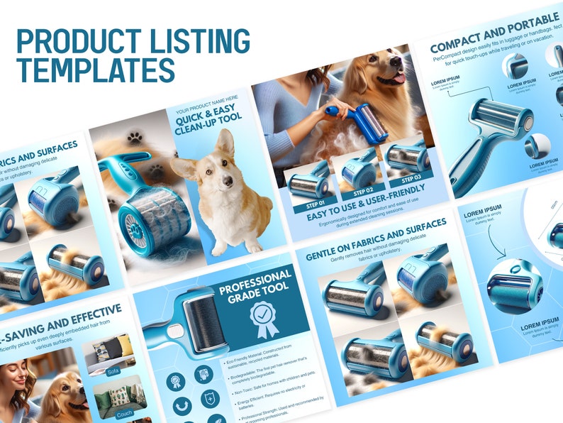 May include: A blue and white pet hair remover tool with a roller. The tool is compact and portable, making it easy to use on fabrics and surfaces. The product is advertised as being gentle on fabrics and effective at removing pet hair. The text on the image reads "Quick & Easy Clean-Up Tool", "Compact and Portable", "Easy to Use & User-Friendly", "Gentle on Fabrics and Surfaces", and "Professional Grade Tool".