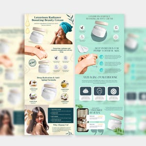 May include: A promotional graphic for a beauty cream, featuring a white jar with a light brown lid. The text reads "Luxurious Radiance Boosting Beauty Cream" and highlights deep hydration and anti-aging benefits. The design includes images of women and product ingredients.