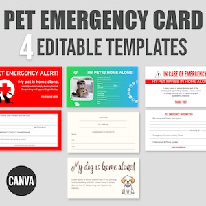 Identificación de contacto de emergencia para mascotas, plantillas para mascotas solas en casa, identificación de tarjeta de emergencia para mascotas en casa, tarjeta de emergencia para mascotas editable, tarjeta de rescate de mascotas, CANVA