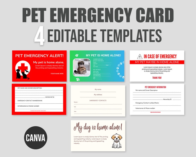 Pet Emergency Contact ID, Pet Home Alone Templates, Emergency Pets at Home Card ID, Editable Pet ...