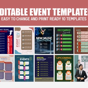 Puede incluir: Diez plantillas de eventos editables con diferentes diseños y diseños. Las plantillas presentan fondos coloridos, cuadros de texto e imágenes. Algunas de las plantillas incluyen texto como "Sport Team Schedule", "New Music Event Festival", "Upcoming Events", "Special Virtual Event", "October Schedule" y "December Events".