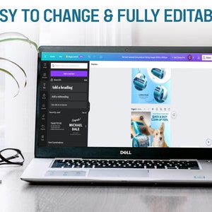 May include: A laptop computer displaying a website with a design template for a product advertisement. The template features a blue and white pet hair remover tool and a dog. The text on the template reads "Quick & Easy Clean Up Tool".