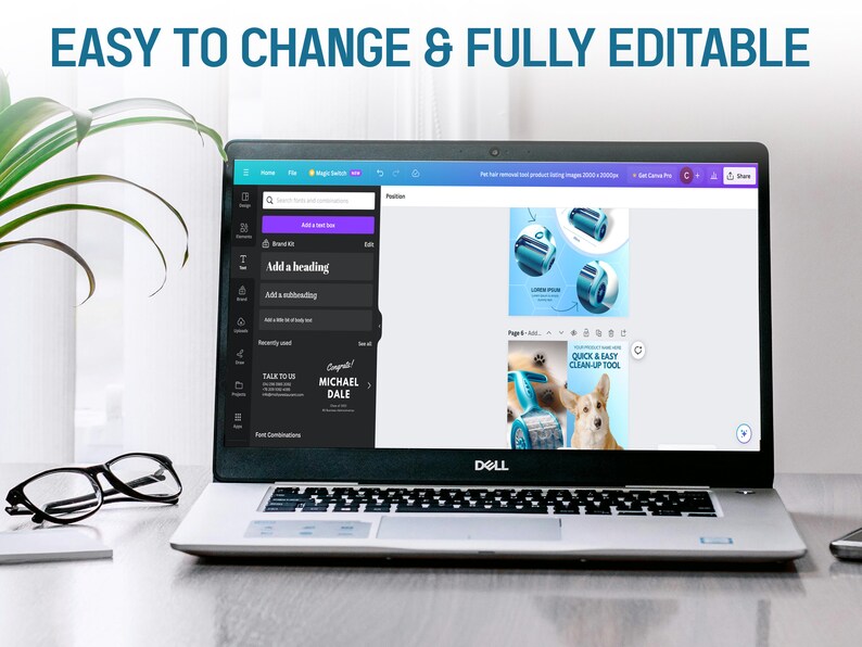 May include: A laptop computer displaying a website with a design template for a product advertisement. The template features a blue and white pet hair remover tool and a dog. The text on the template reads "Quick & Easy Clean Up Tool".