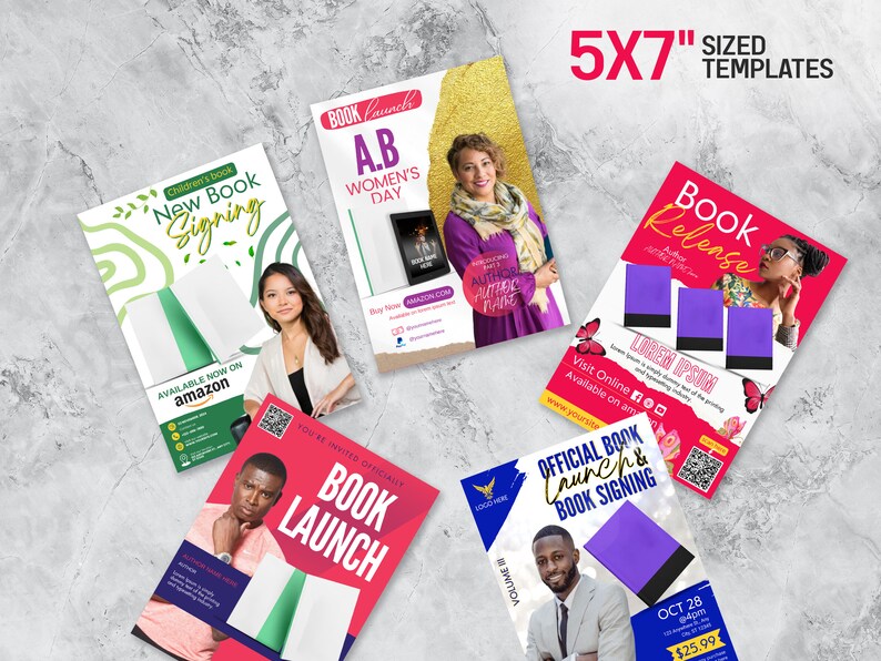 Puede incluir: Cinco plantillas de lanzamiento de libros diferentes de 5x7 pulgadas con fondos coloridos e im&aacute;genes de personas. Las plantillas presentan texto como "Nueva firma de libros", "Lanzamiento de libros", "Lanzamiento de libros", "Lanzamiento oficial de libros y firma de libros" y "A.B D&iacute;a de la Mujer".