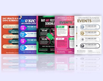 May include: Five colorful event flyers with different themes. The first flyer is red and features a schedule for a health and wellness expo. The second flyer is blue and purple and features a schedule for a music event. The third flyer is green and black and features a schedule for an art festival. The fourth flyer is pink and white and features a schedule for a business conference. The fifth flyer is white and features a schedule for a business event.