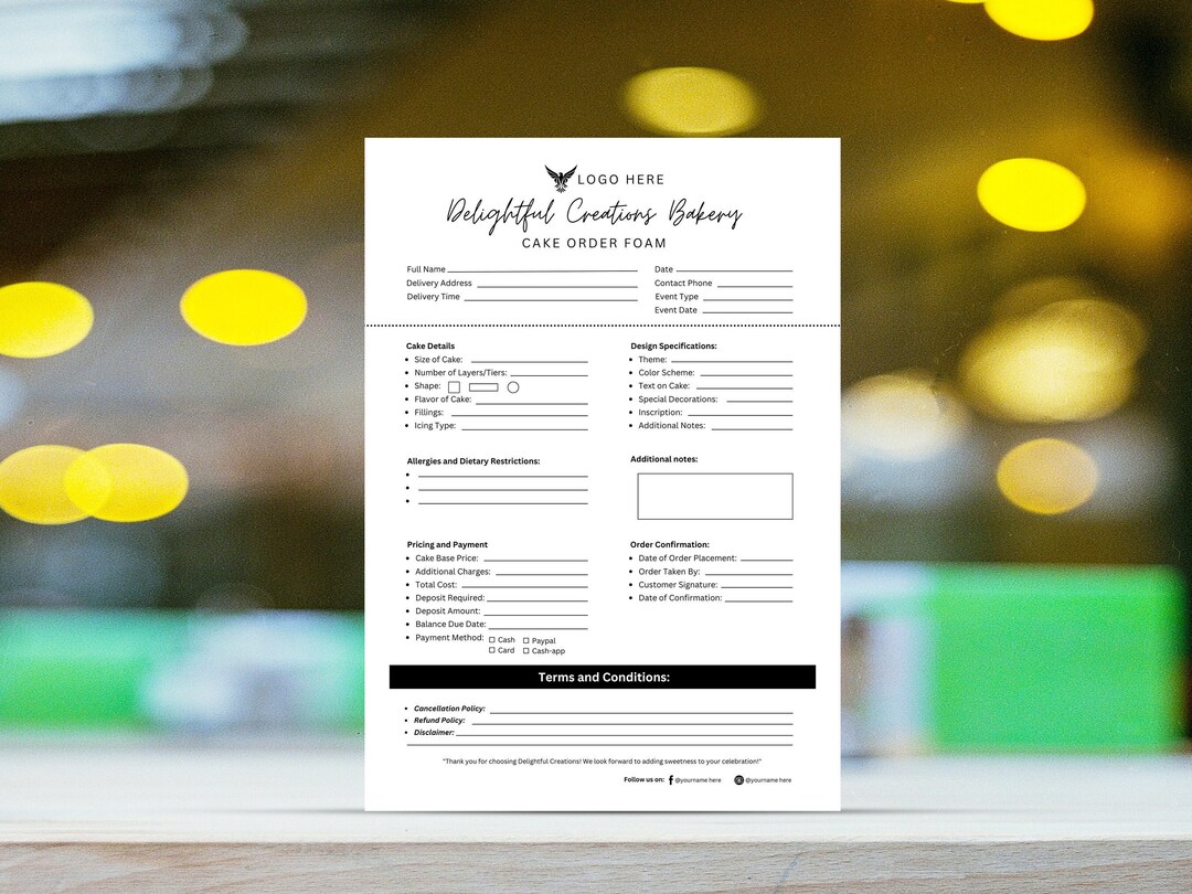 Editable Cake Order Form Template: Printable Bakery Form (CANVA) - Etsy