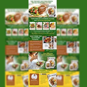 May include: A promotional image for a cookbook titled "High Protein." The image shows a salad, a plate of food, and the text "Fuel your body, build your strength one high-protein meal at a time!" and "More than just a cookbook, it's your daily nutrition game plan."