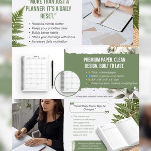 Puede incluir: Un planificador blanco con espiral con un dise&ntilde;o de calendario mensual, un bol&iacute;grafo negro y el texto "MORE THAN JUST A PLANNER IT'S A DAILY RESET." El planificador se muestra abierto y en uso, con texto adicional.