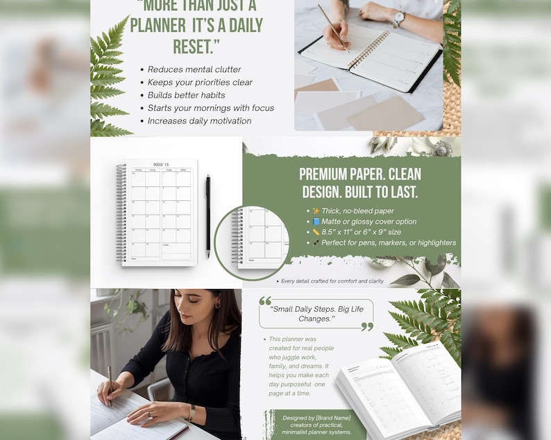 Puede incluir: Un planificador blanco con espiral con un dise&ntilde;o de calendario mensual, un bol&iacute;grafo negro y el texto "MORE THAN JUST A PLANNER IT'S A DAILY RESET." El planificador se muestra abierto y en uso, con texto adicional.