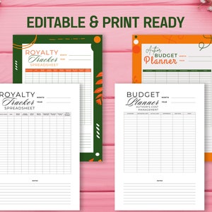 May include: Two printable budget planner worksheets with green and orange floral designs. The first worksheet is titled "Royalty Tracker Spreadsheet" and the second worksheet is titled "Author Budget Planner - Author's Cost Management".