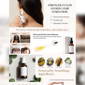 Puede incluir: Imagen promocional de un producto para el cuidado del cabello. La imagen presenta un frasco marr&oacute;n con un cuentagotas, una caja y el texto "STRONGER, FULLER LOOKING HAIR STARTS HERE". La imagen tambi&eacute;n incluye fotos del antes y el despu&eacute;s del crecimiento del cabello.