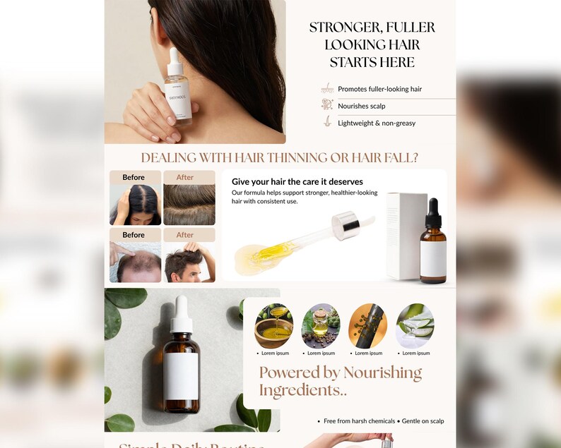 Puede incluir: Imagen promocional de un producto para el cuidado del cabello. La imagen presenta un frasco marr&oacute;n con un cuentagotas, una caja y el texto "STRONGER, FULLER LOOKING HAIR STARTS HERE". La imagen tambi&eacute;n incluye fotos del antes y el despu&eacute;s del crecimiento del cabello.